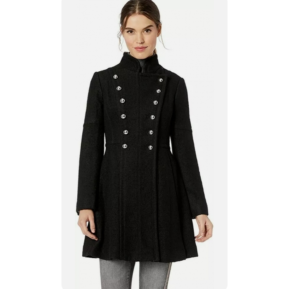 Womens Guess Double Breasted Skirted Wool Coat Size M Color Black
